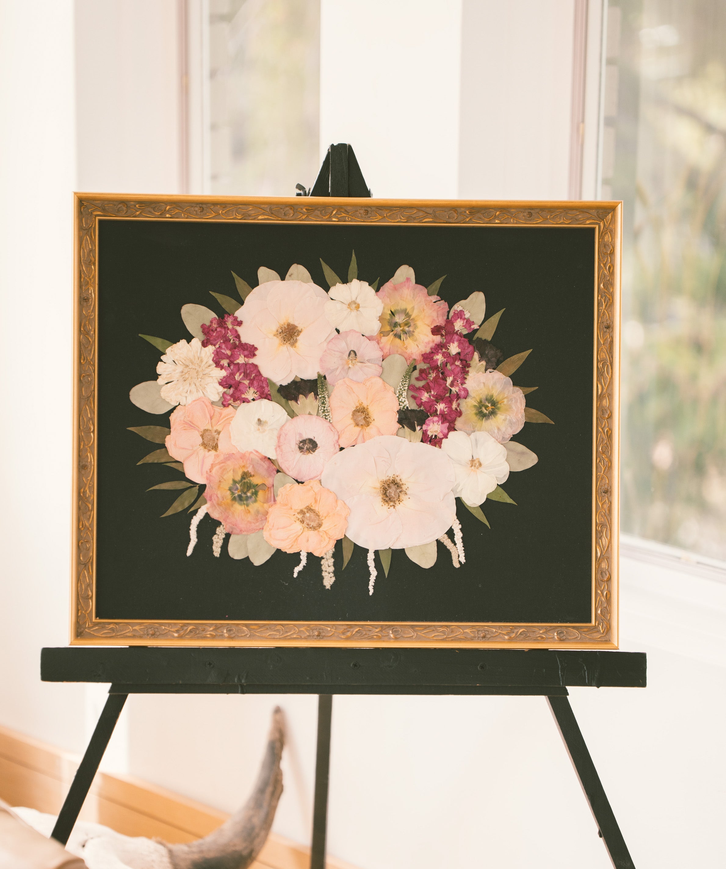 Pressed Flower art with black linen backing